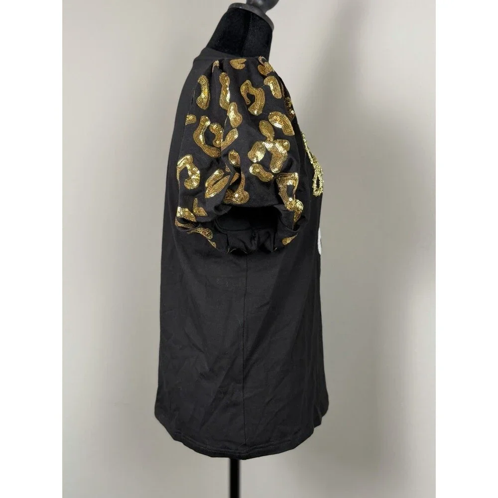 Sash Clothing Bar Saints Sequin Fleur De Lis Top XS Black Gold Puff Sleeve